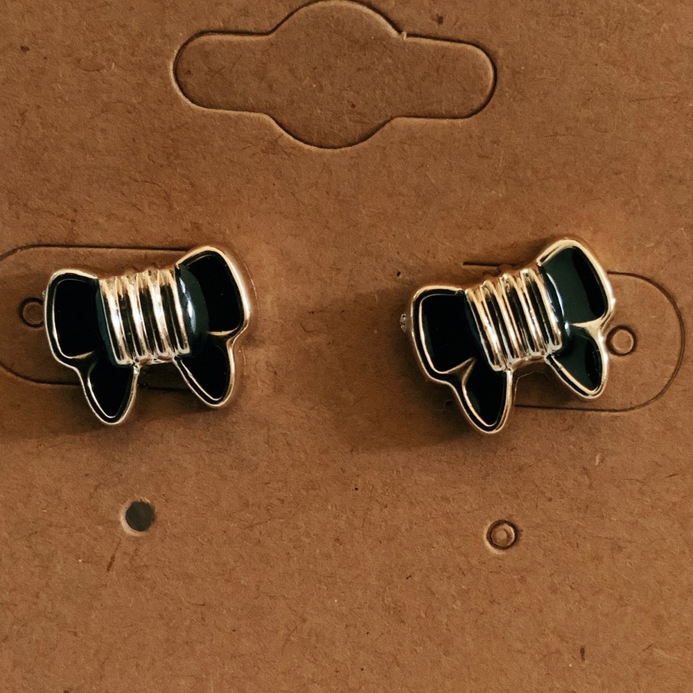 BOGO Black Gold Acrylic Ribbon Bow Tie Post Stud Earrings Fun Retro Unique Cute